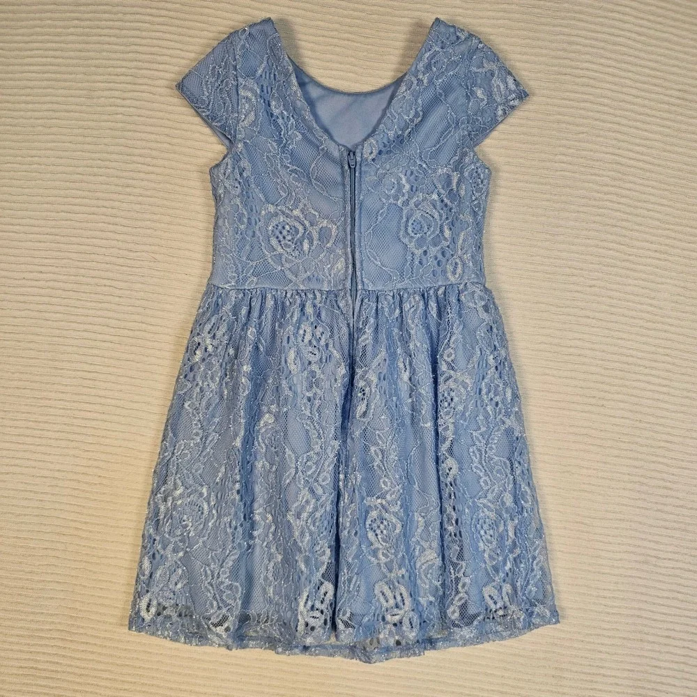 Girls Light Blue Metallic Floral Lace Cap‎ Sleeve Party Dress Fit and Flare